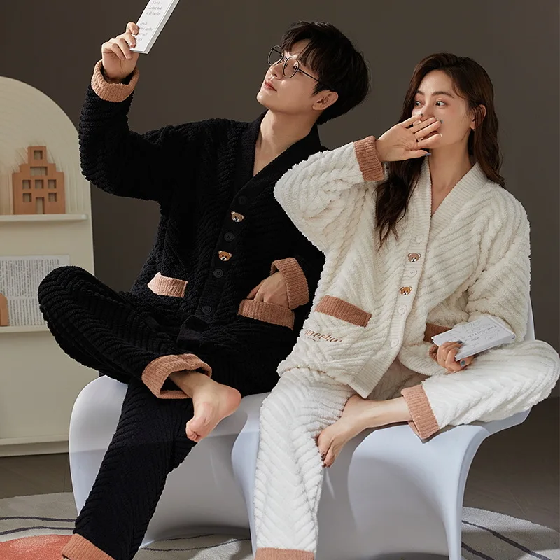 Korean Winter Warm Nightwear For Couples Women and Men Matching Homewear Coral Fleece Pajamas Set Hombre pijamas para parejas