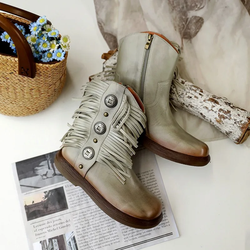 Birkuir ريترو النساء حذاء من الجلد البريدي أحذية بوت قصيرة 3 سنتيمتر كعب سميك شرابة أحذية منصة جلد طبيعي تصميم معدني أحذية كاجوال #2