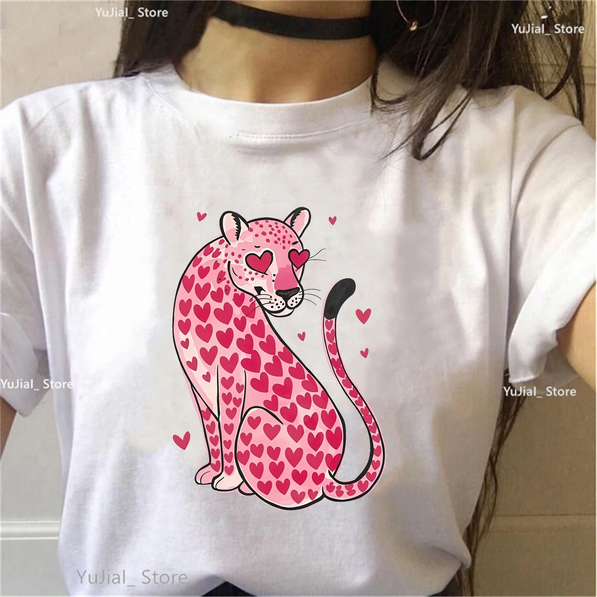 

Leopard Hearts Valentine'S Day Gift Printed T Shirt Women'S Clothing Kawaii Clothes Summer Fashion Short Sleeve T-Shirt