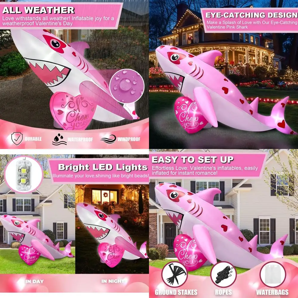 

Giant 9FT Pink Shark Inflatable with LED Lights and Heart Decor for Home, Yard, and Garden