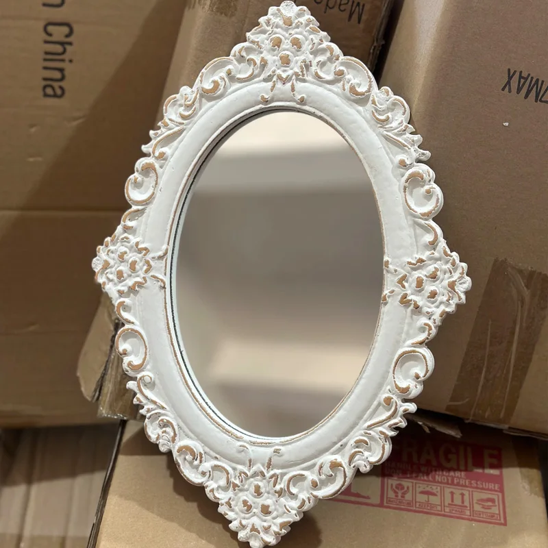 

Vintage French Style Ornate Oval Wall Mirror, White Distressed Finish, Decorative Carved Frame, 32cm x 22cm
