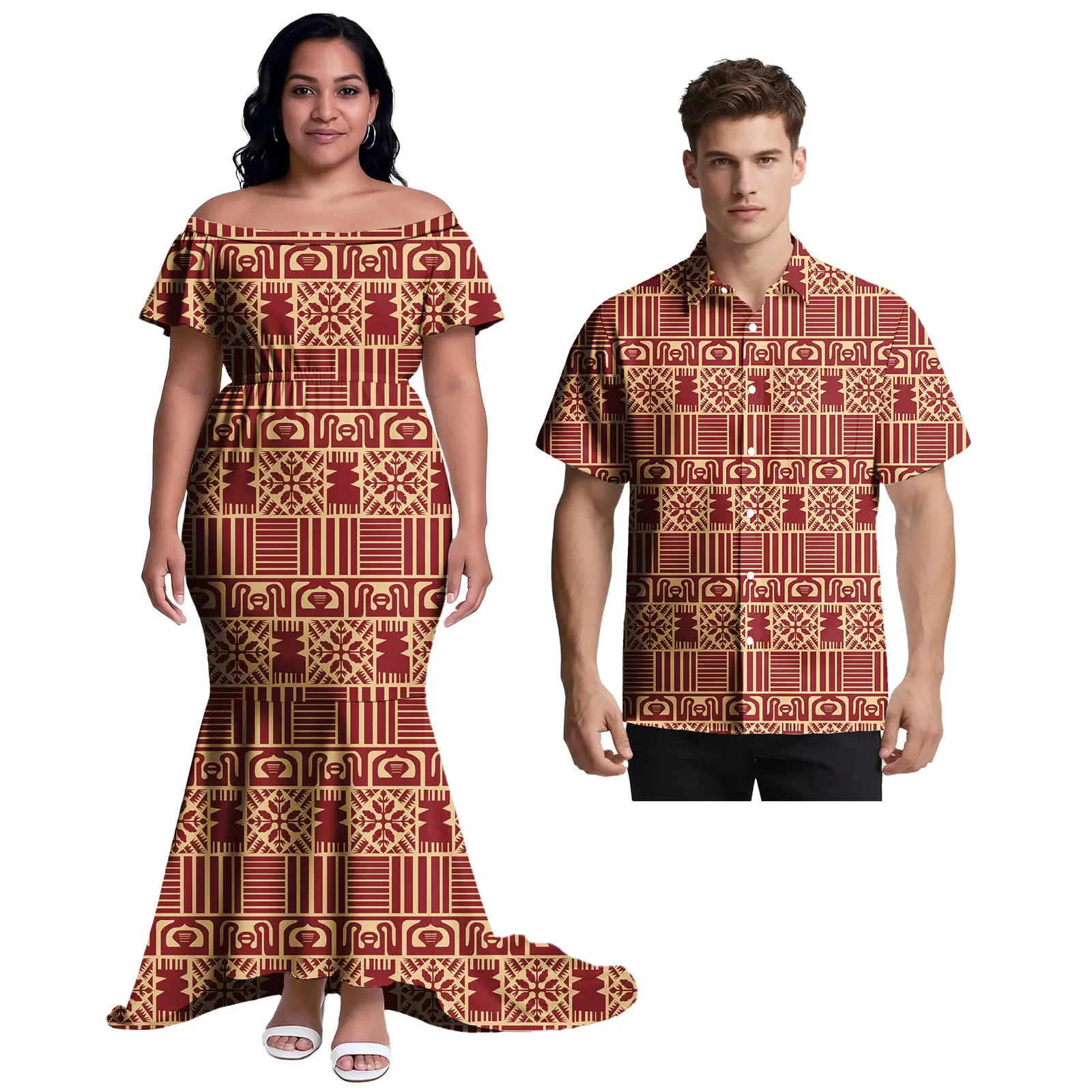 ساموا ملابس مخصصة هاواي الرجال ألوها تي شيرت البولينيزية المرأة فستان أنيق تابا العرقية نمط مجموعات من الأزواج مجموعات غير رسمية #6