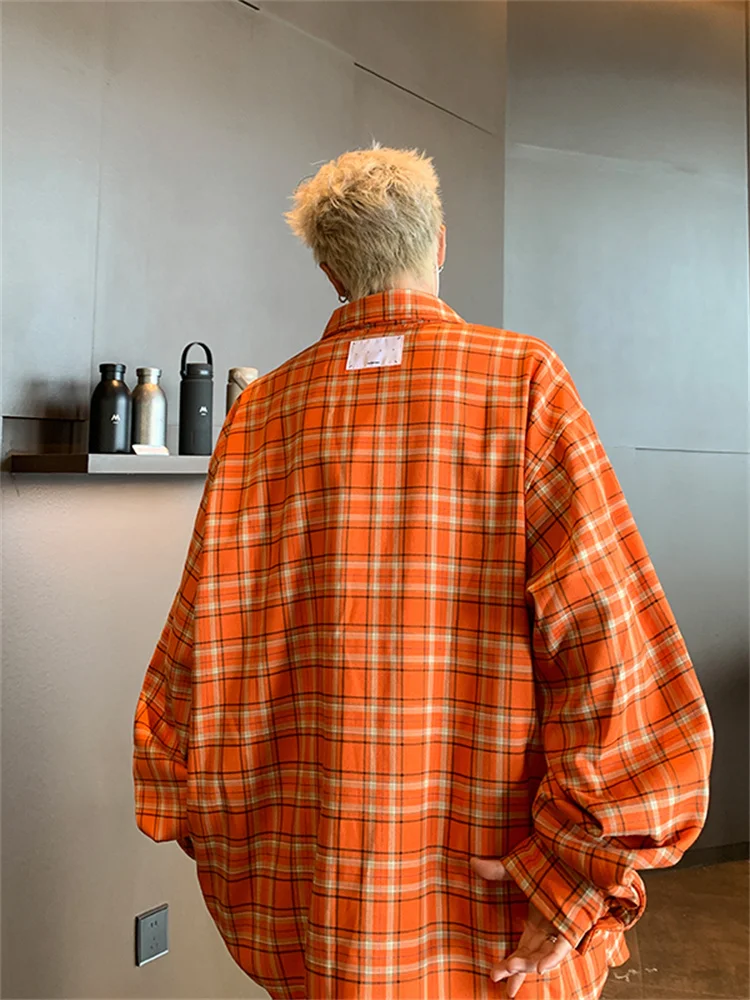 

Orange Plaid Long Sve Loose Casual irt ex Spring Autumn Youthful Versatile Outerwear for Men And Women