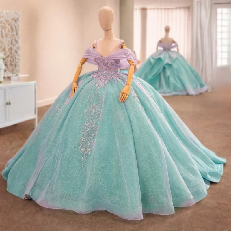 

Light Blue Shiny Ball Gown Quinceanera Dresses Applique Lace Beading Crystal Tull Corset Off Shoulder Sweet 16 Dress Vestidos 15