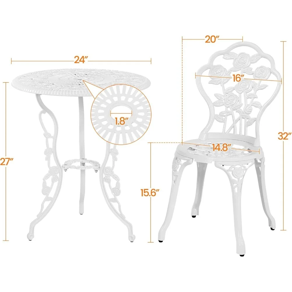 Kleine barset voor buiten met rozendesign, roestbestendige tafel en stoelen van gegoten aluminium, parasolgat, 3-delig