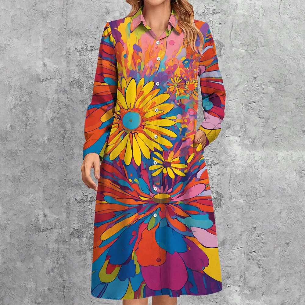 

Elegant Colourful Sunflower Graphic Print Shirt Dress 2024 Spring Women's Lapel Long Sleeve Dresses Button Down Cardigan Dress