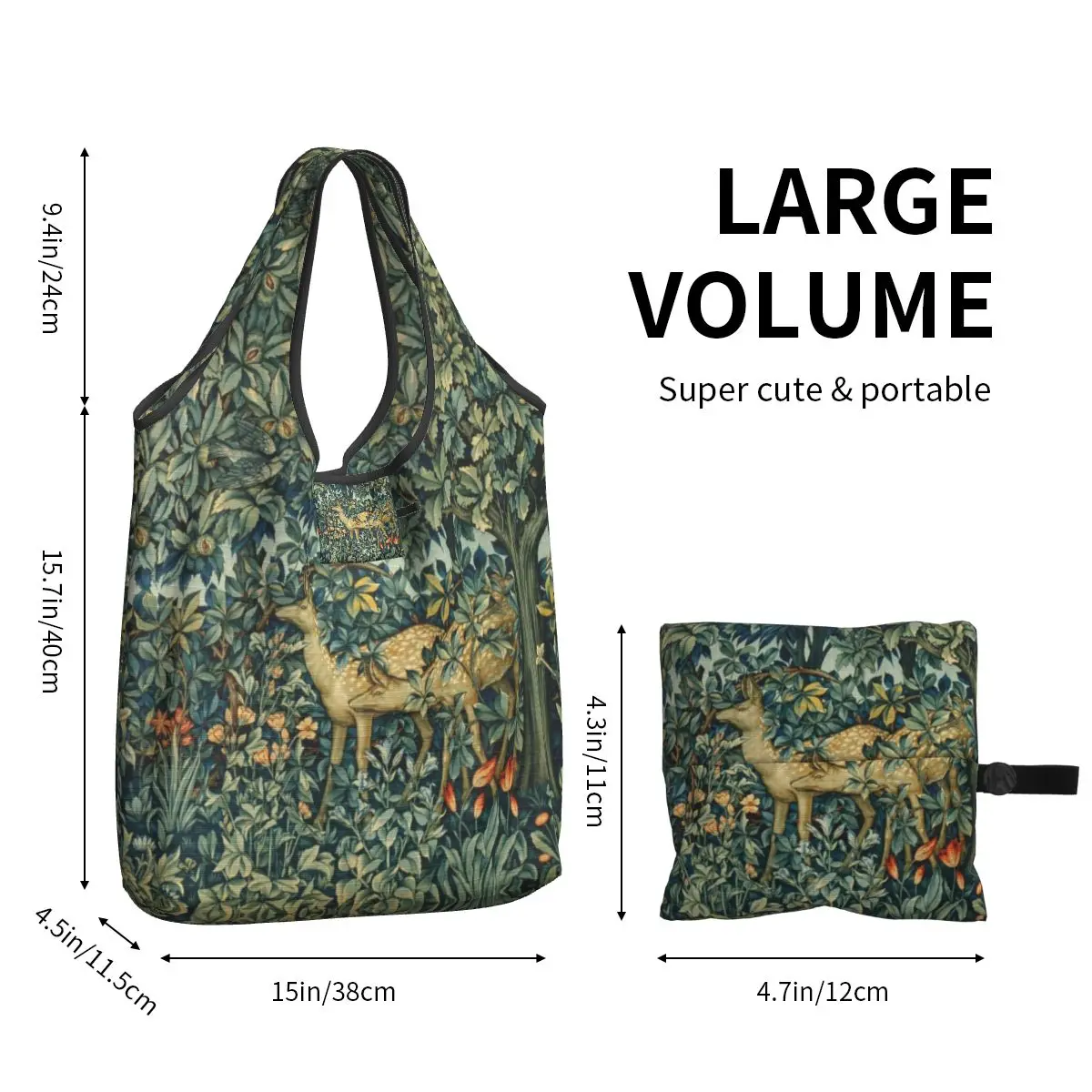 Bolsos de compras personalizados de William Morris Deers And Birds In Forest para mujer, bolsos de mano portátiles, grandes, comestibles, florales, animales, arte Shopper