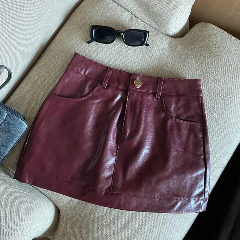 Summer New Women's Sexy High Waist Bag Hip A-line Skirt Versatile Skirt Fashion Solid Color PU Leather Belt Lined Short Skirt