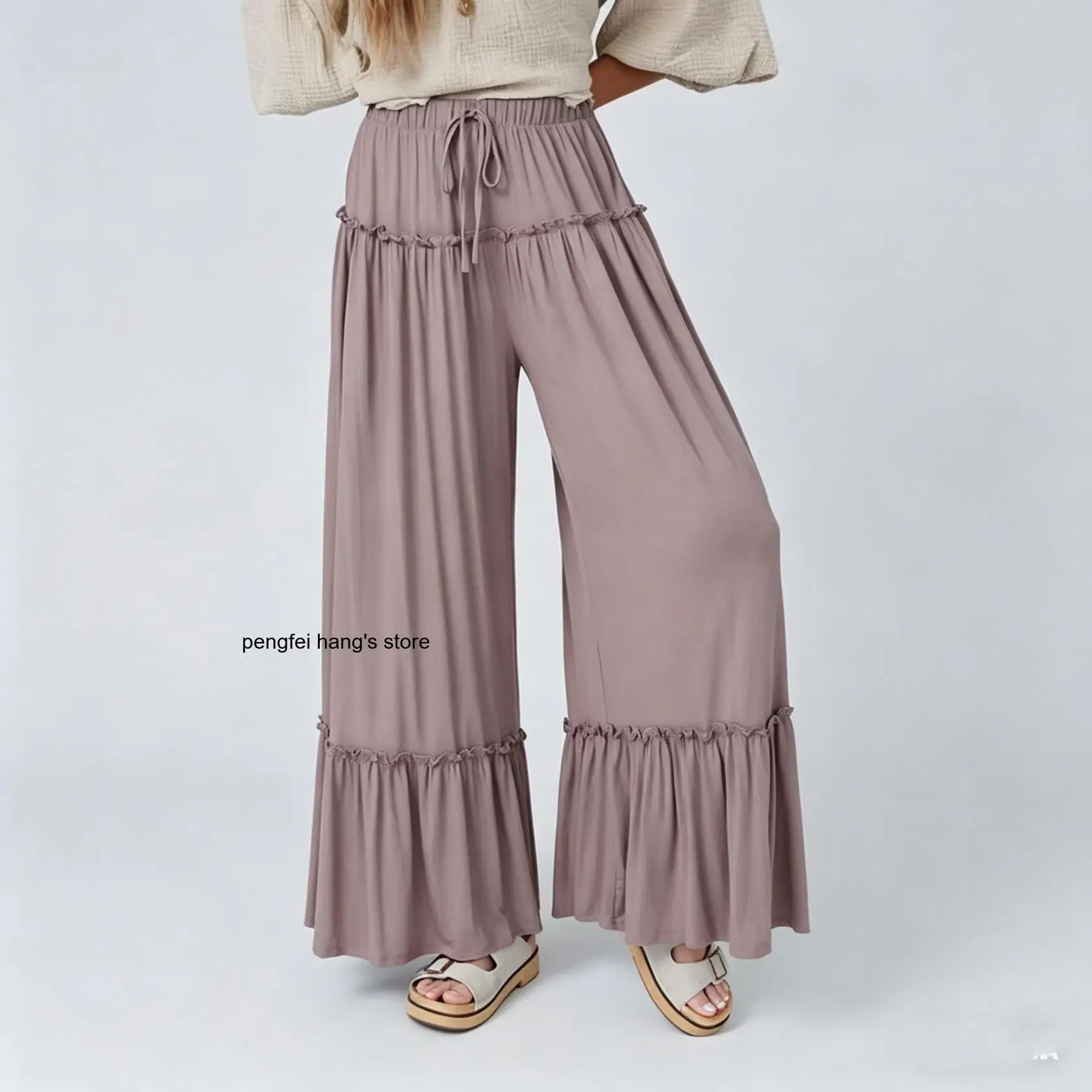 2026 Pleated Cake Layer Wide Leg Pants for Women High Waist Drawstring Double Layer Ruffle Hem Draped Soft Casual Trousers