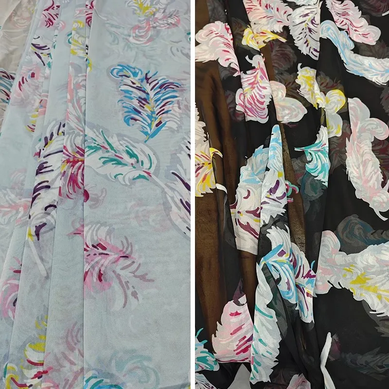 

Тонкая шифоновая ткань с разноцветными перьями и логотипом для женского летнего платья, блузки, ткань «сделай сам», швейный материал