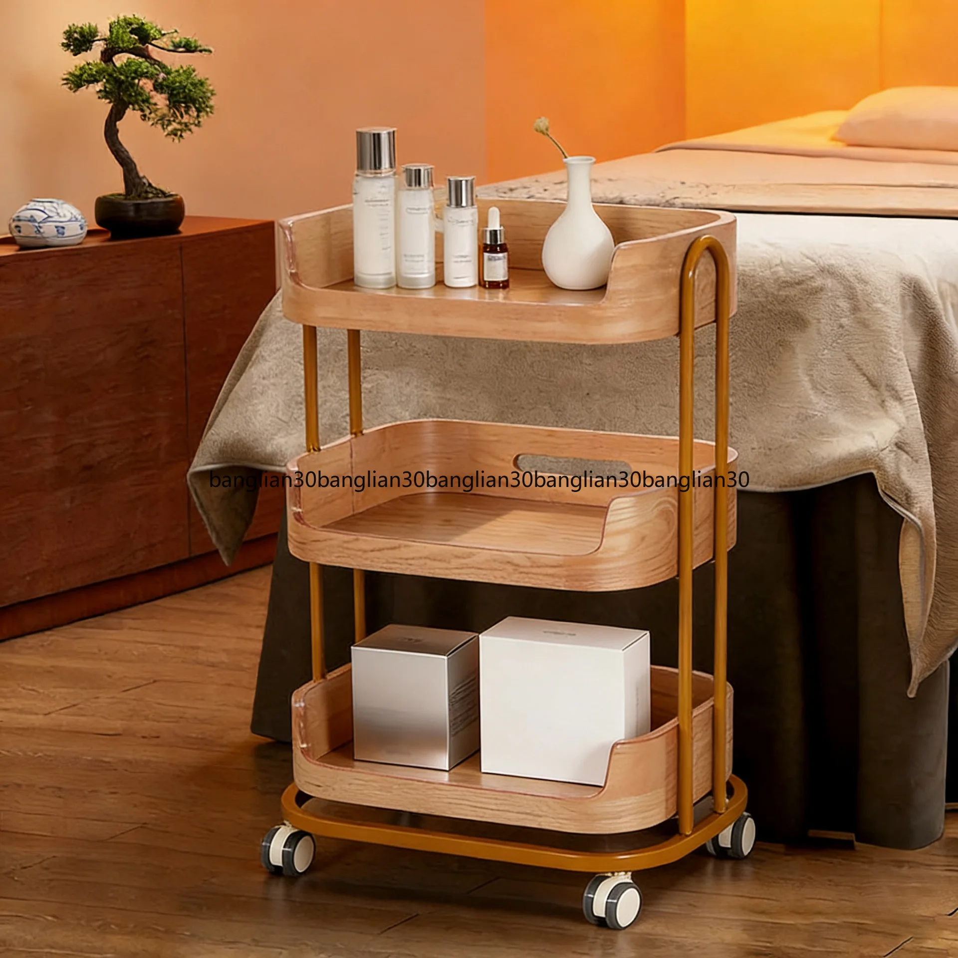 Beauty Salon Solid Wood Trolley Club Trolley Movable Multi-layer Storage Rack