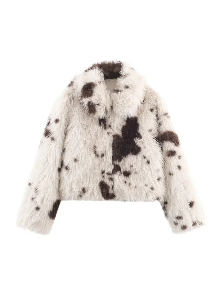 

Зимнее модное пальто из искусственного меха с контрастными вставками, женское, с отложным воротником, длинными рукавами, в стиле пэчворк, для повседневной носки, теплая куртка из искусственного меха, 2026