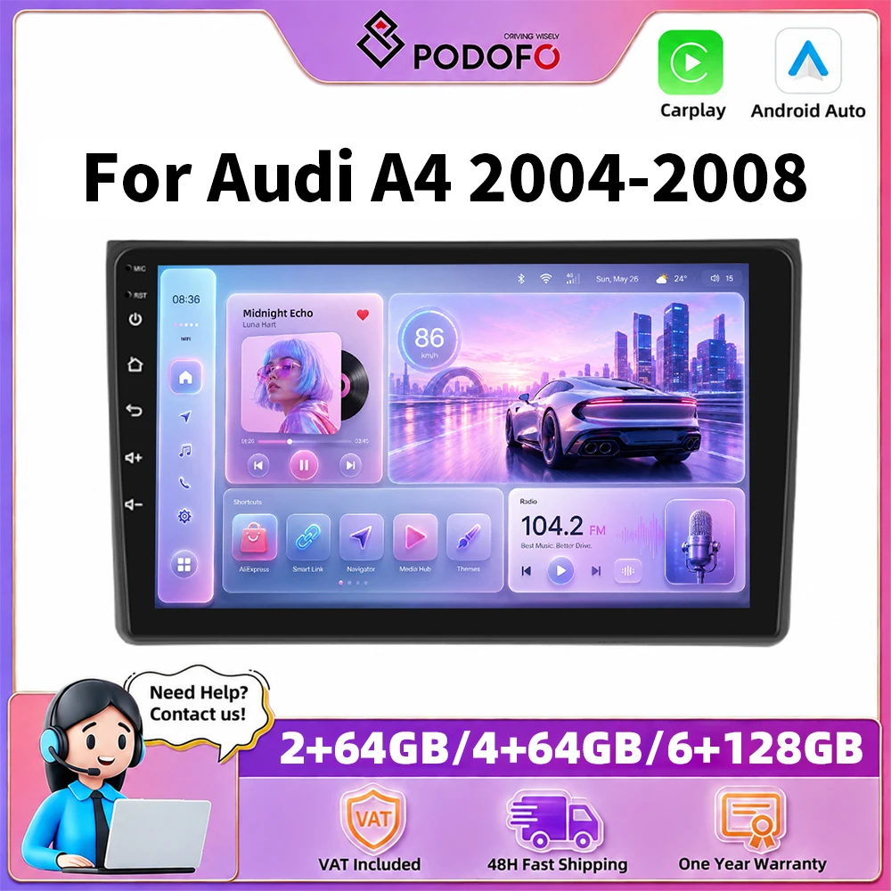 Podofo – autoradio 9 pouces pour Audi A4 2004-2008, Carplay sans fil, Android Auto, systèmes de voiture intelligents, navigation GPS, lecteur multimédia, MirrorLink, BT, WIFI, unité principale