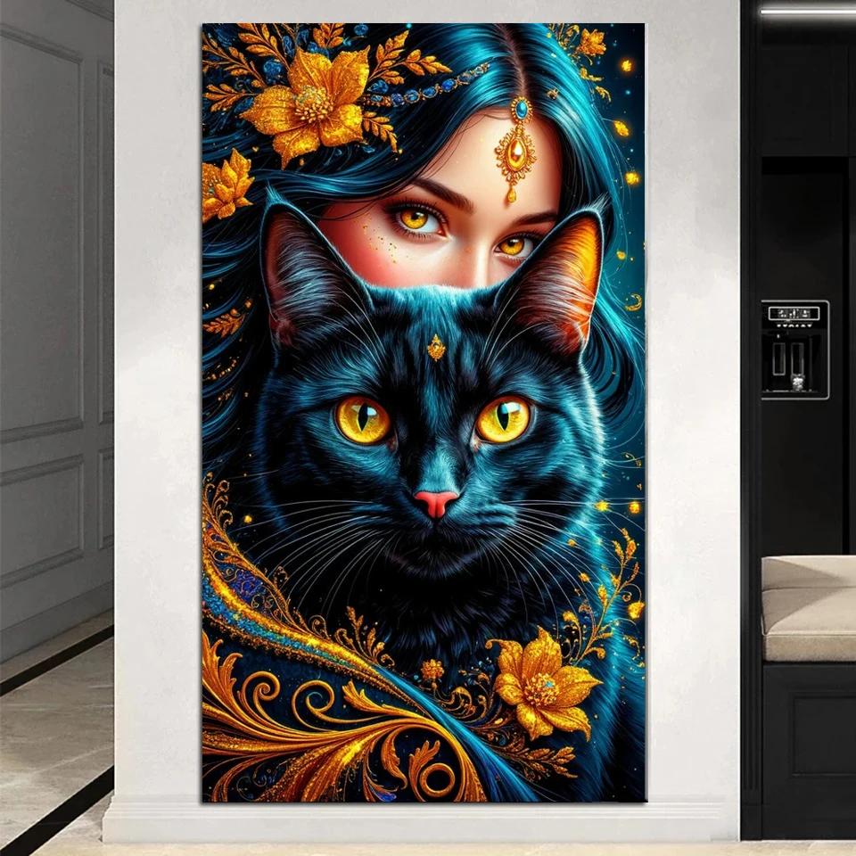 

Large Women And Black Cats Diy 5D Diamond Painting Kits Full Square Round New Diamond Mosaic Embroidery Animal For Home Decor