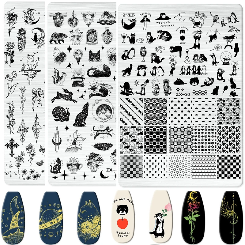 

Cartoon Cat Nail Art Stamping Plates Butterfly Ramadan Moon French Smile Image Stencils for Nails Stamp Tools Manicure Template