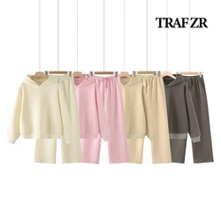 TRAF ZR 2024 donne Athleisure Trend Ensemble Femme 2 pezzi peluche Co-ord set o-collo felpa con cappuccio pantaloni a gamba larga con coulisse