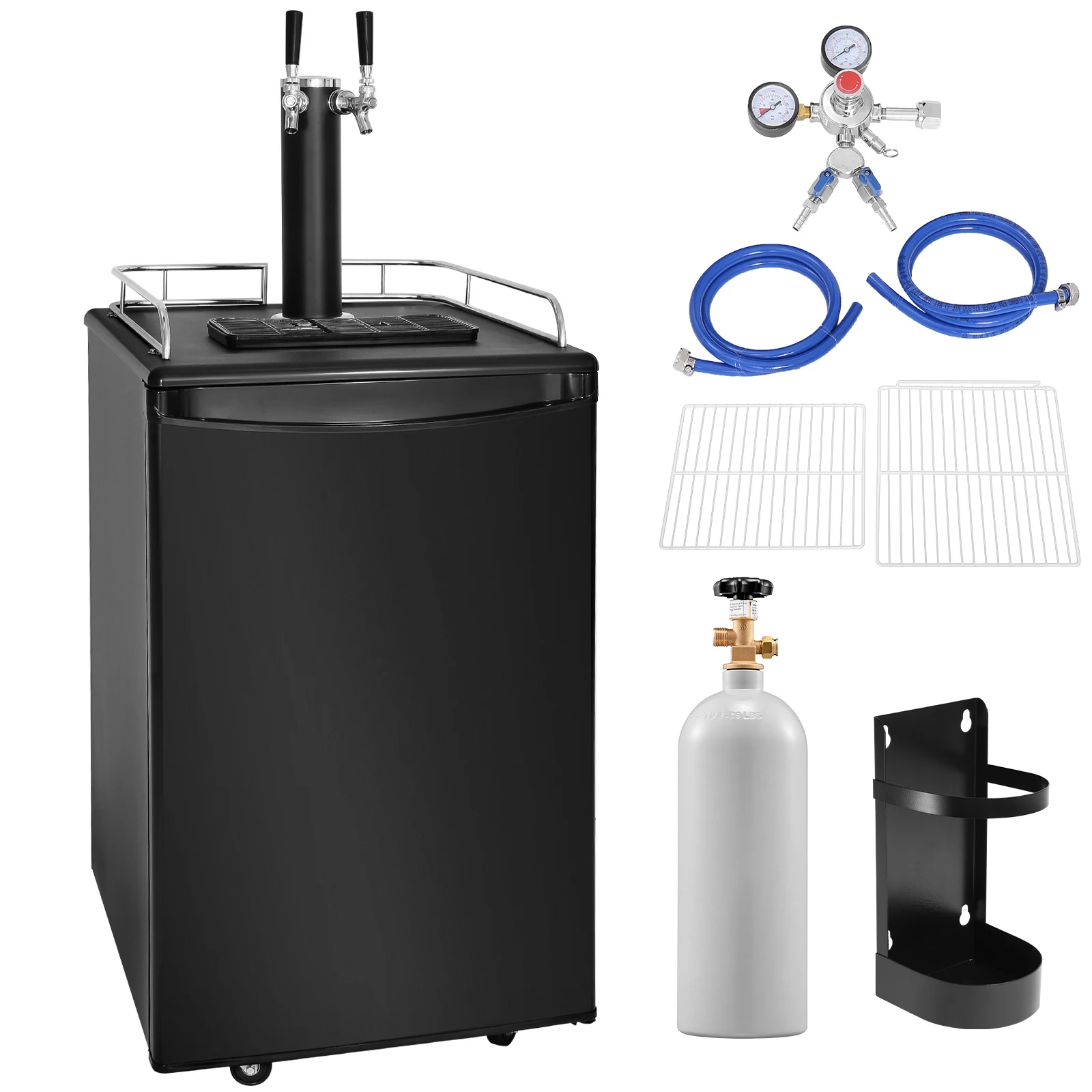 VEVOR Beer Kegerator Dual Tap Draft Beer Dispenser Full Size Keg Refrigerator with CO2 Cylinder Shelves Drip Tray & Rail Black