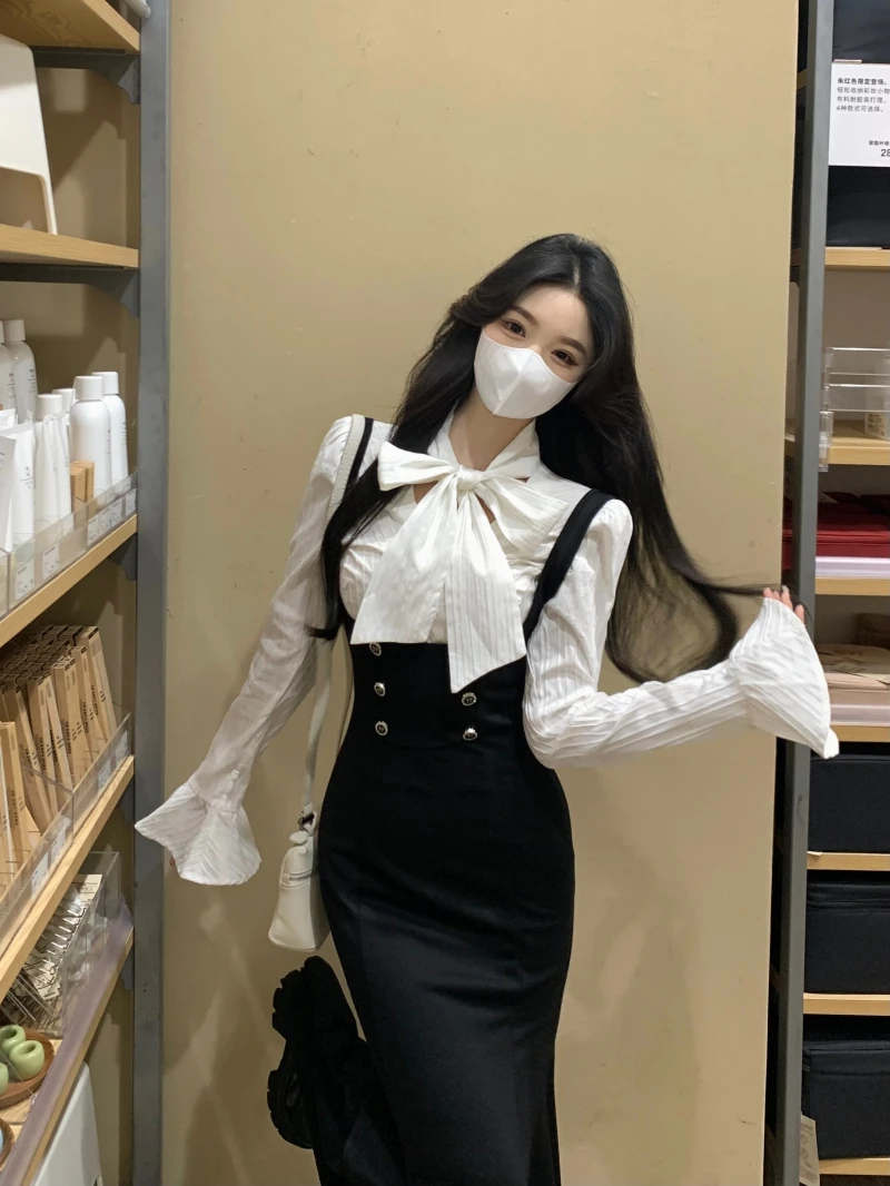 Plus Size Dames Jarreteljurk + Overhemd Tweedelige set Herfst/winter High-end Geavanceerde temperatuur Billen Fishtail Lange rok