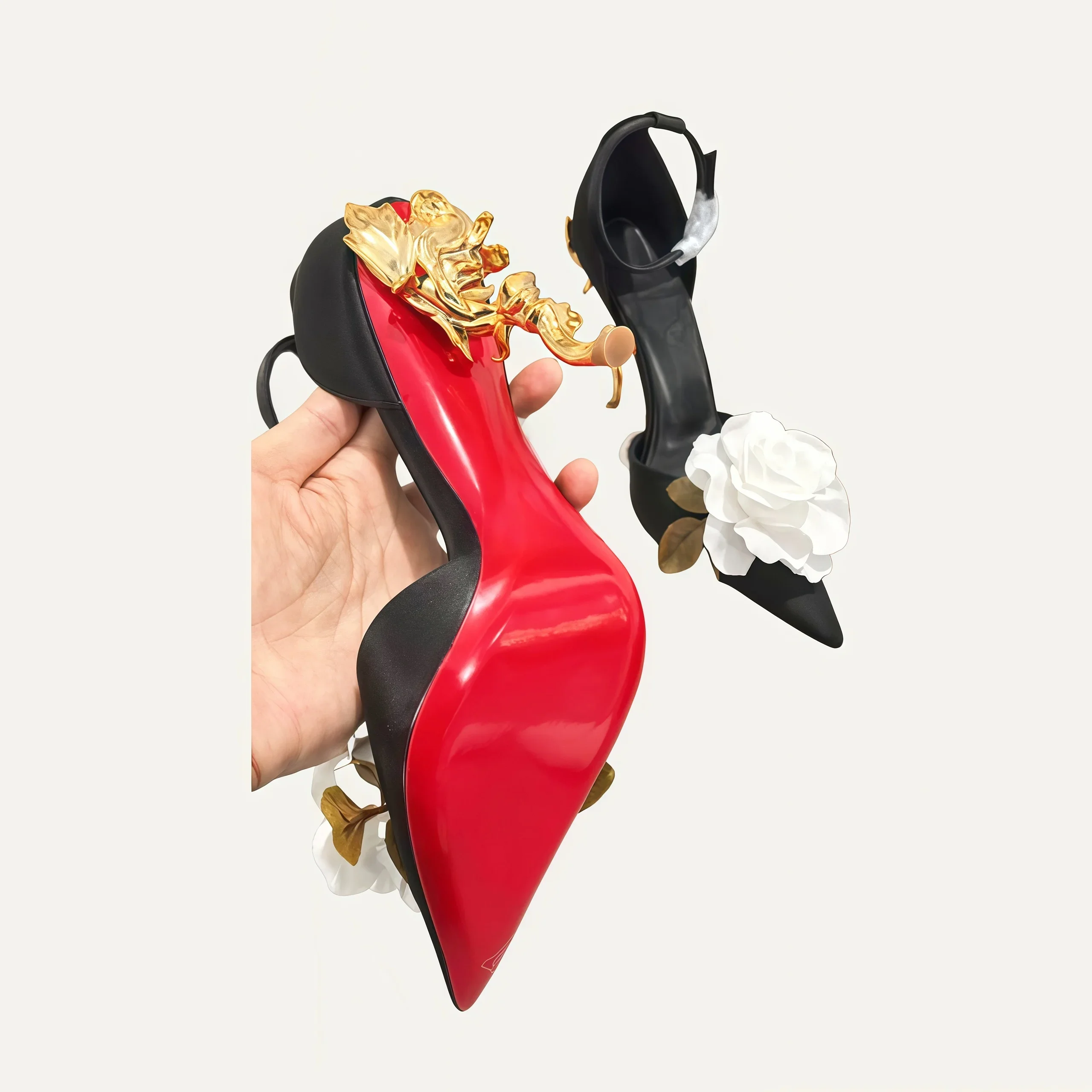 Pointed Toe Red Sole Sandals Female Metal Strange Heel High Heels Black Flannel Shoes Elegant Large White Flower Women's Pumps view 5