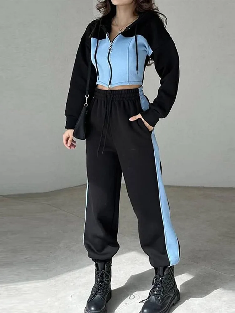 

Patchwork Contrast Women Pants Suit Hooded Zipper Long Sleeve Shirts Elastic Waist Pants Female Outfits 2025 New Lady Tracksuit