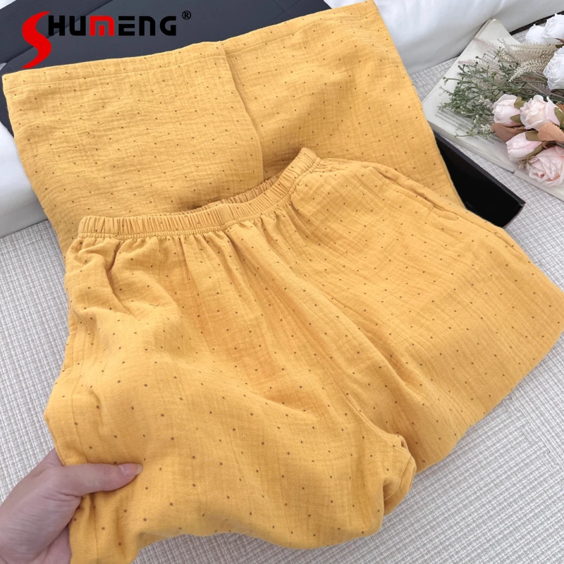 ربيع الخريف القطن الخالص Homewear للنساء جولة الرقبة البولكا نقطة منامة الإناث النمط الياباني طويلة الأكمام المتسكعون مجموعة