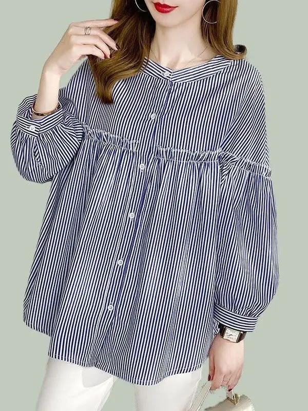 

Blue Striped Slimming Long Sleeve Shirt Thin Inner Wear Casual Loose Fit Women's plus Size Shirt Breathable Skin-Friendly Pol...