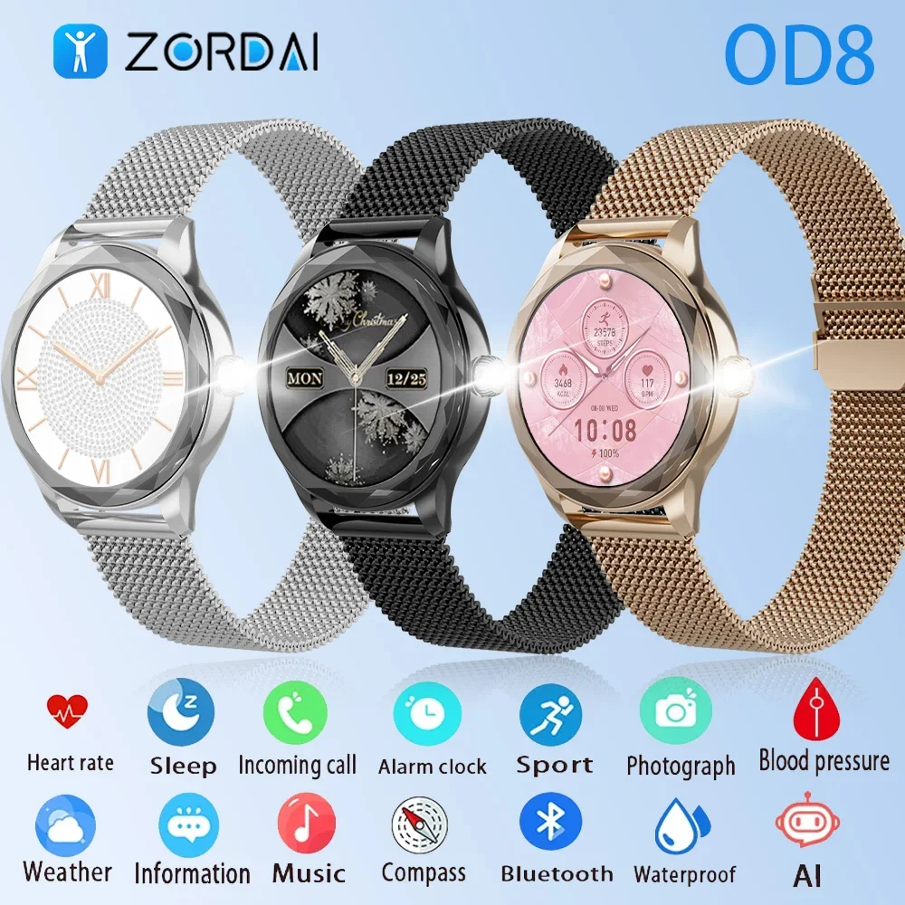 

Zordai OD8 Fashion Women Bluetooth Call Diamond Smart Watch 1.19"Inch390*390 AMOLED Screen Sports Fitness Ladies Smartwatch 2024