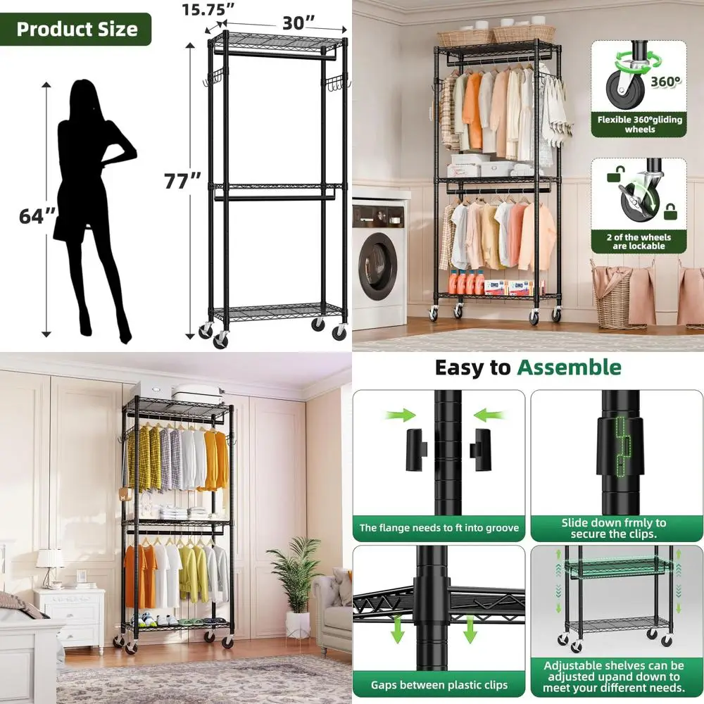 

Portable Closet, Heavy Duty Clothes Rack on Wheels, Wardrobe Closet for Hanging Clothes, 77 Inch Tall Clothing Rack with Adjusta