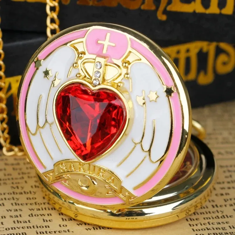 Magic Pink White Trim Ruby Sakura Animazione Catena Orologio da tasca Collana Orologio da tasca Regali per donne Ragazze Cosplay Souvenir