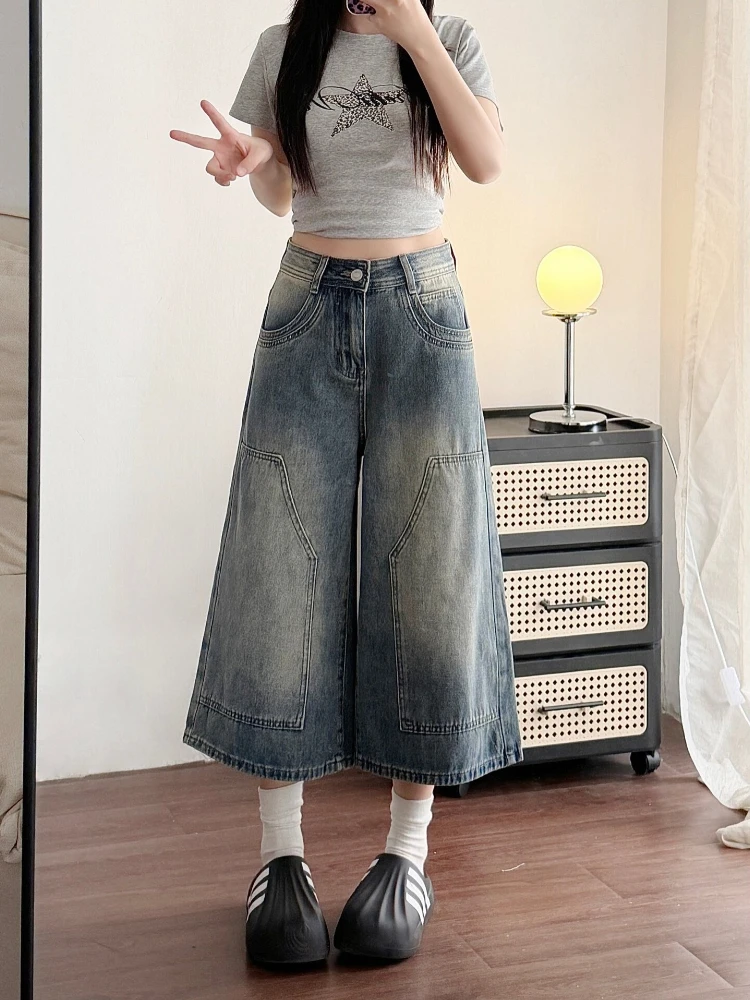 Summer Women Vintage Wash Denim Capris Y2K High Waist Wide Leg Cropped Jeans Streetwear Loose Casual Versatile Seven Point Pants