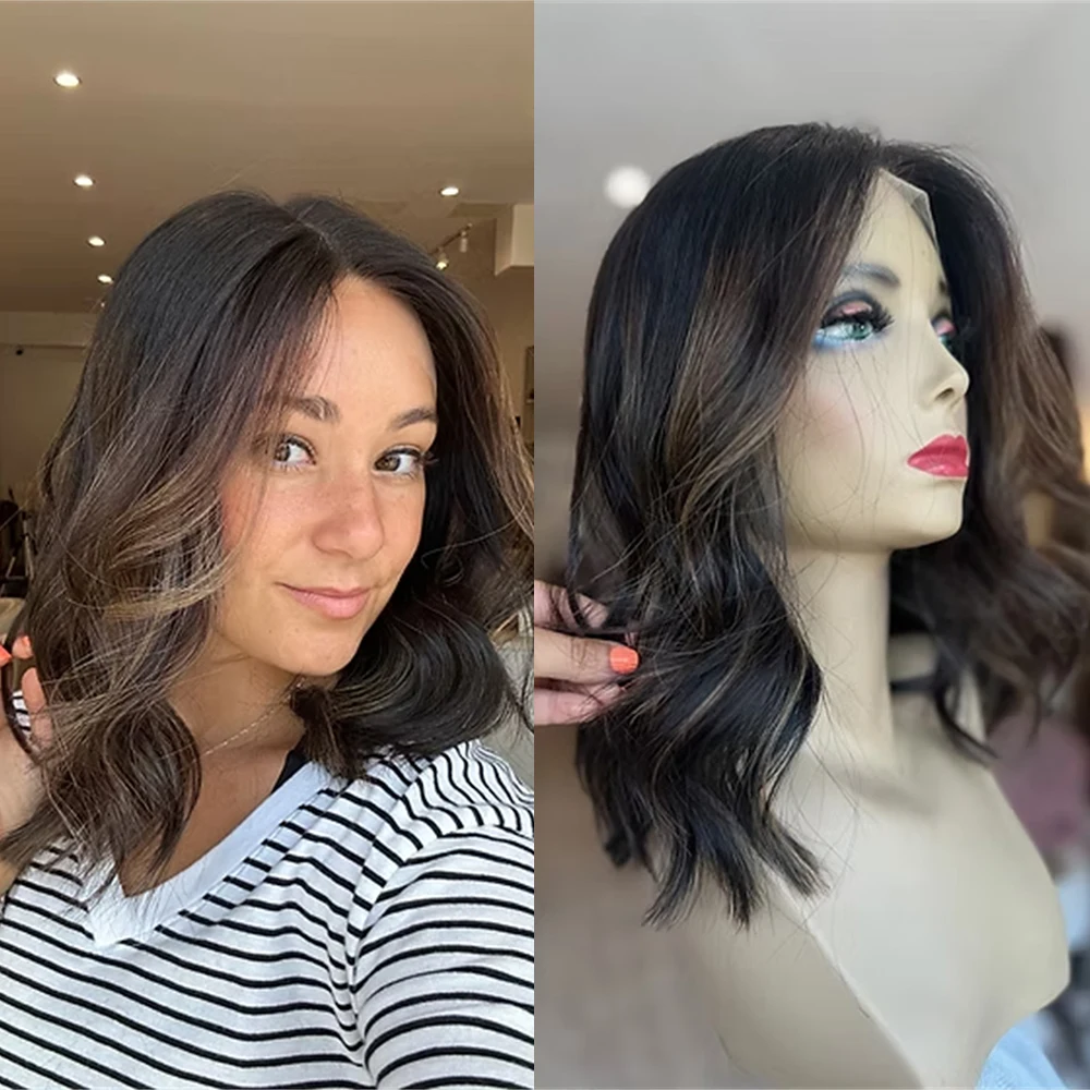 12 Zoll Natürliche Welle Weiche Braune Kurze Perücke Karamell-Balayage Lace Front Perücke Blonde Highlights Synthetisches Haar Hochtemperaturfaser-Perücke