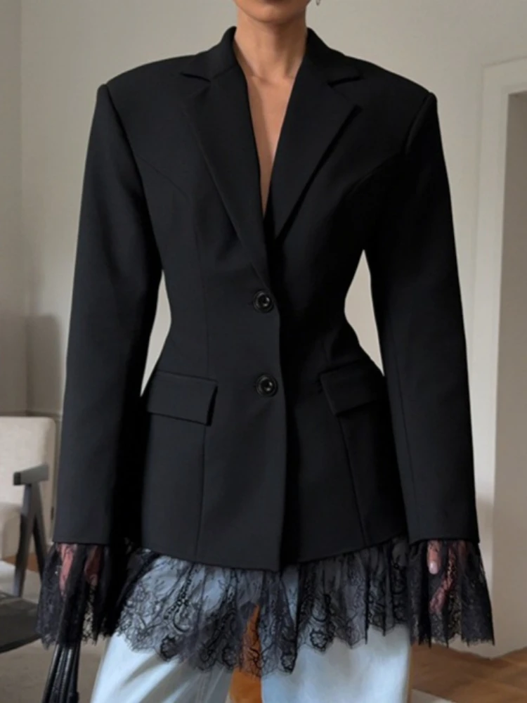 

Vintage Black Slim Lace Blazers Coats for Women Elegant Notched Collar Jacket Street Chic Long Sleeve Outerwear Lady 2025 Autumn