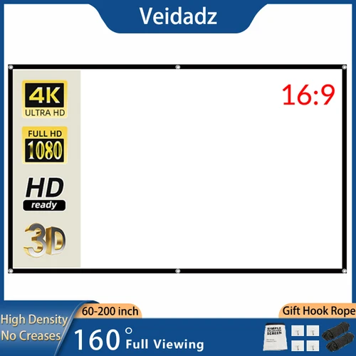 VEIDADZ Pantalla de proyector plegable portátil de 60-200 pulgadas Pantalla de proyección suave blanca de alta densidad sin arrugas 16:9 para interiores y exteriores