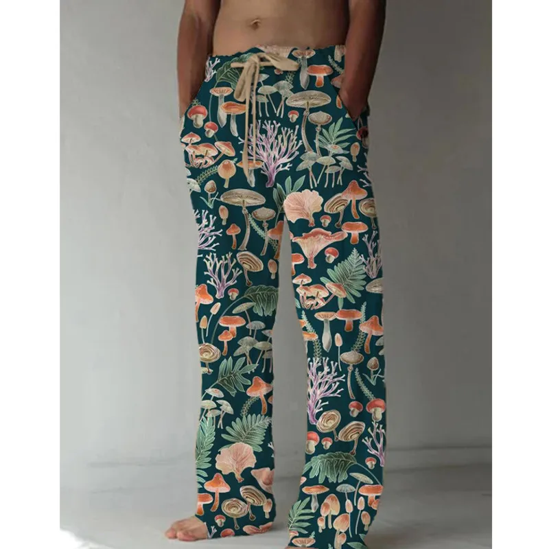 Pantalones de pierna ancha con estampado de pulpo en 3D para hombres, pantalones sueltos de cintura alta de tubo recto, pantalones mezclados de cáñamo casuales europeos y americanos