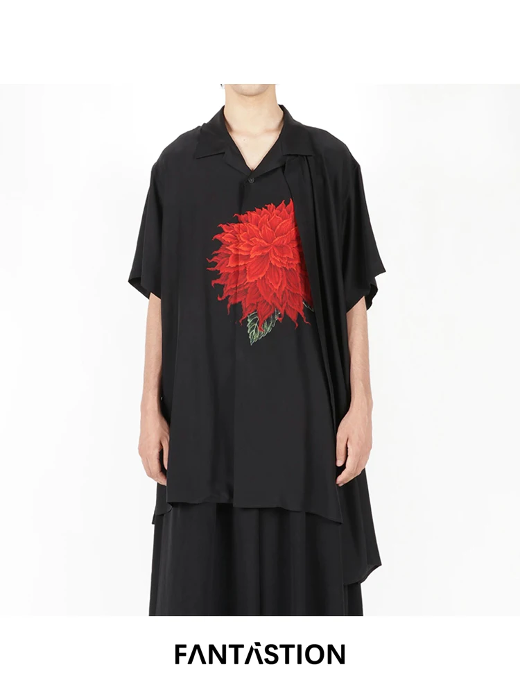 

FANTASTION Hawaiian shirt Dahlia shirt Asymmetric patchwork splicing short sleeved shirt casual Loose and oversized