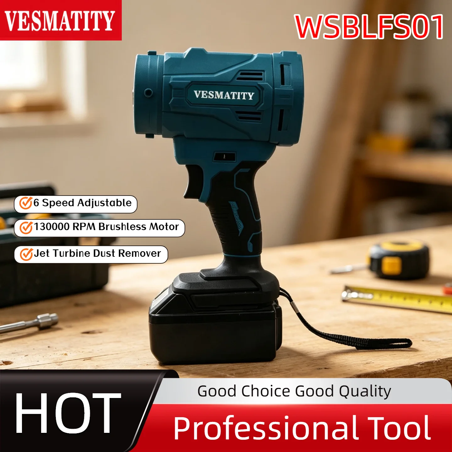 VESMATITY 130000 RPM Jet Turbine Fan Brushless Electric Hair Dryer Dust Removal Tool 6 Speed for Makita 18V 20V Battery Pro