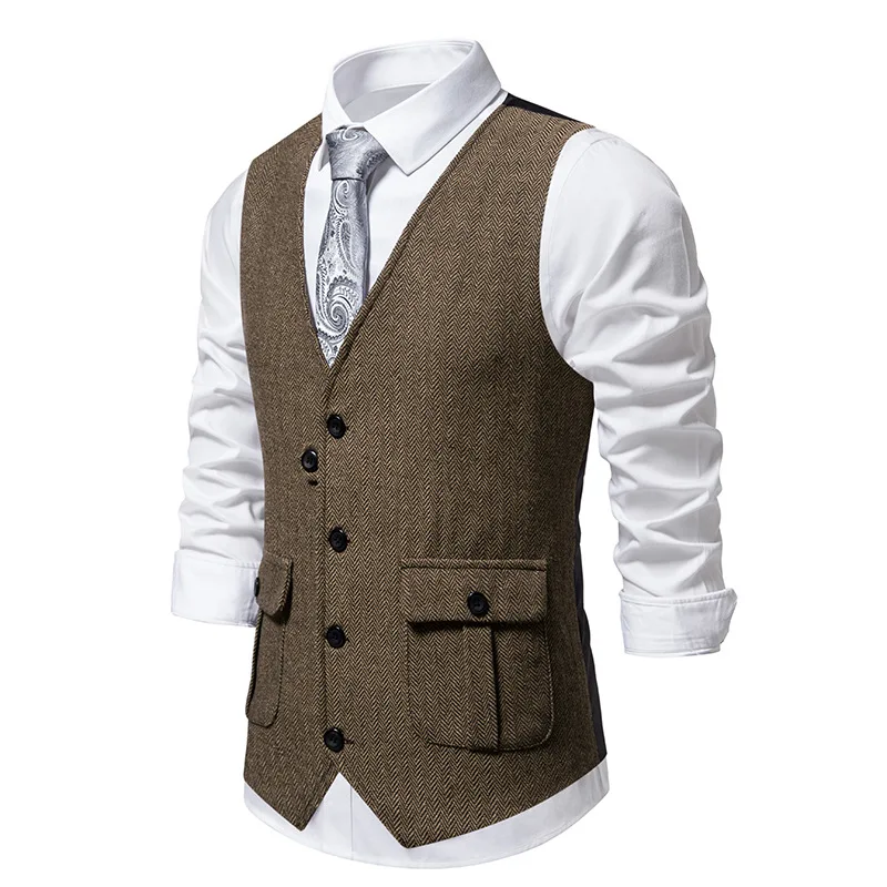 

Mens Vintage Western Herringbone Tweed Suit Vest Wool Blend V Neck Slim Fit Vest Waistcoat Men Formal Business Gilet Homme XXL