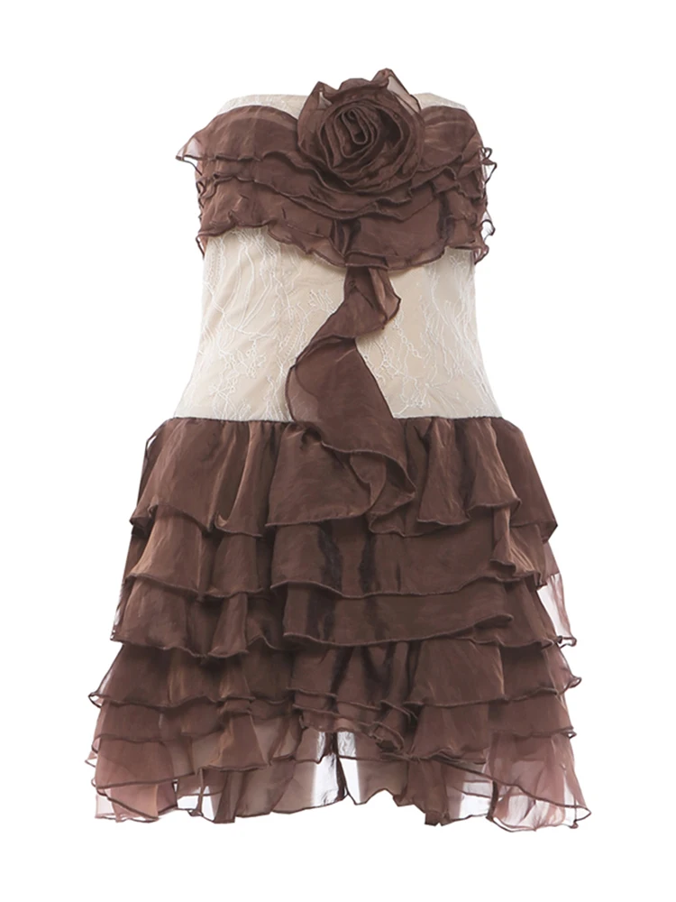 Weird Puss Tiered Kleid Damen 3D-Blumen-Patchwork Jacquard Reißverschluss Brustwickel Ärmellos Süß Elegant Modisch Schick Mini Bodycon – Detail 2