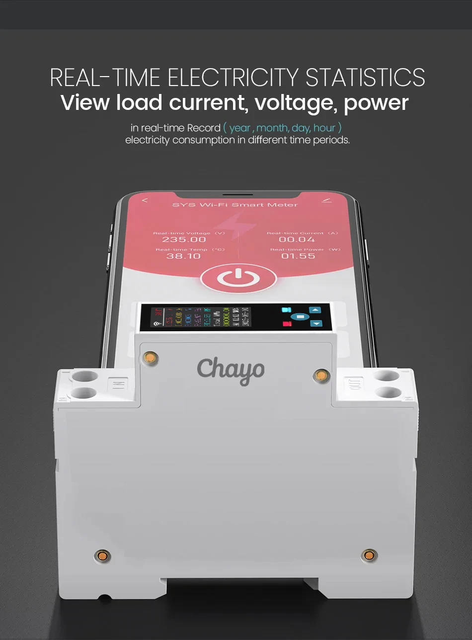 Chayo 1P+N Tuya WiFi Smart Energy Meter 50A Single Phase DIN Rail Color LCD Over Under Voltage Overcurrent Protection Smart life