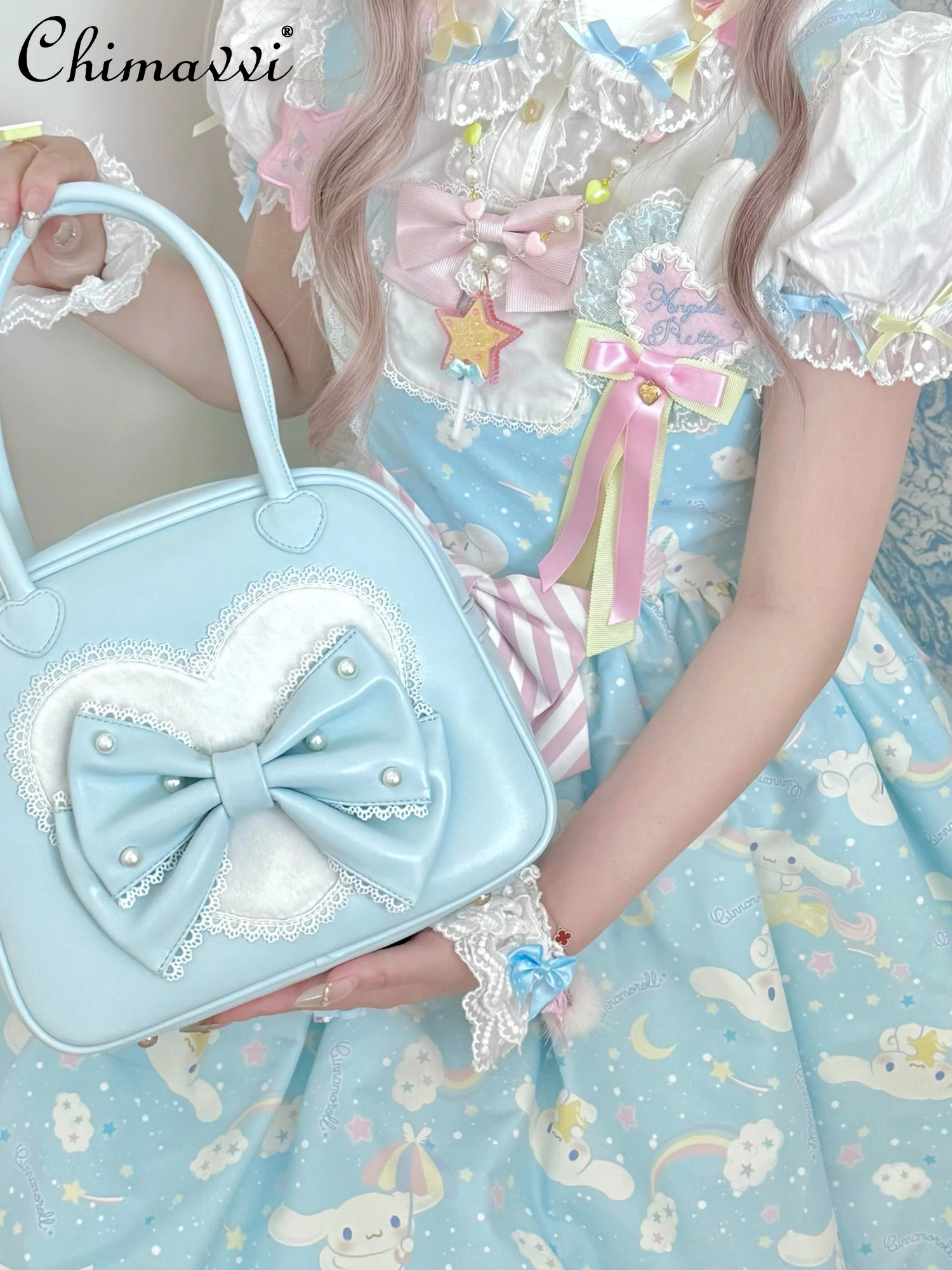 Original Lolita Style Princess Handbag Sweet Girl Cute Bow Lace Elegant Kawaii Versatile Princess Makeup Bag Women 2025 New