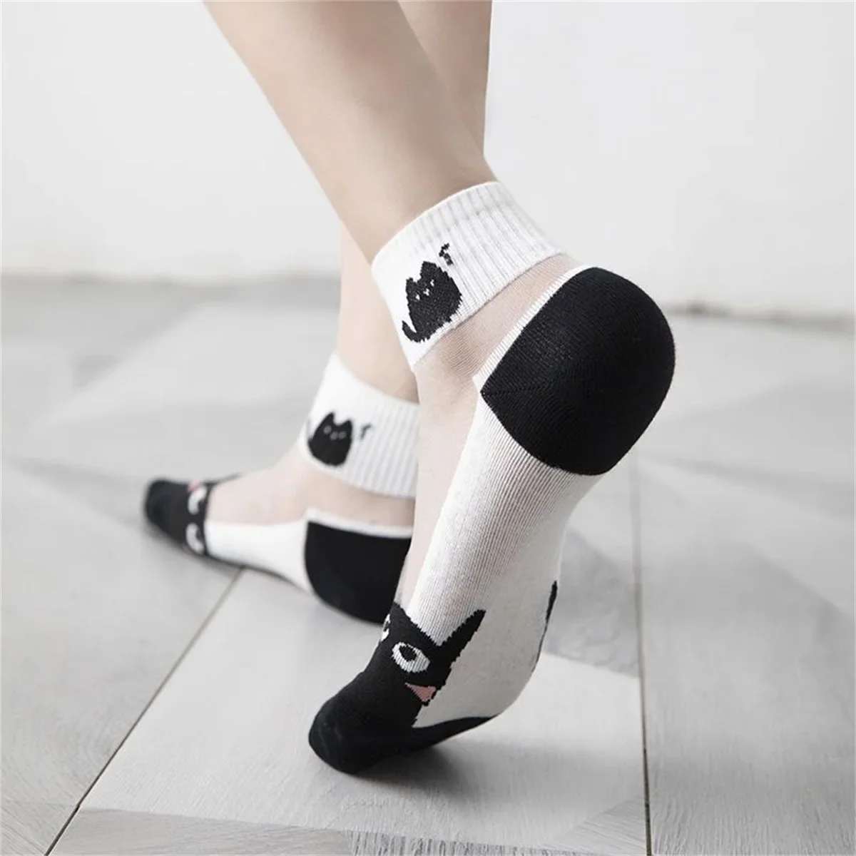 5Pairs Summer Socks Black White Cat Glass Silk Breathable Female Short Socks Simple Cute Footwear image 6