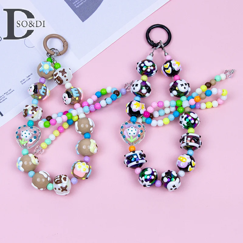 Cute Bow Hand-Painted Beaded Mobile Phone Chain Women Bagbag Pendant Cell Phone Case Anti-loss Lanyard Accessories