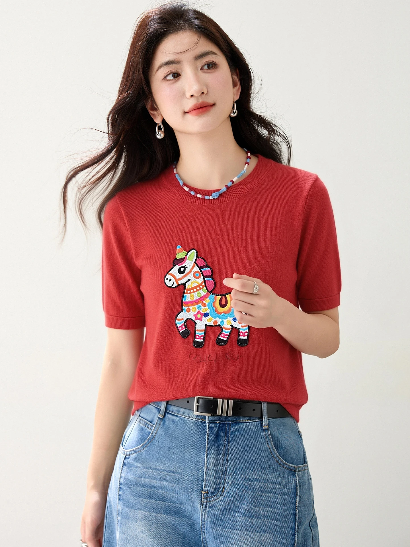 Women Red Pony Print Cotton Loose Short Sleeve T-shirt Early Spring Fashion Design