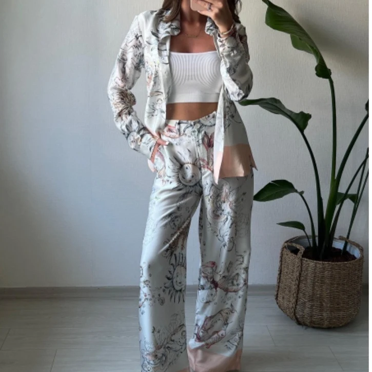 Women Pants Set Blouse Straight Trousers Floral Print Two Piece Set Shirt Set Dashiki African Clothes Summer Top Matching Sets