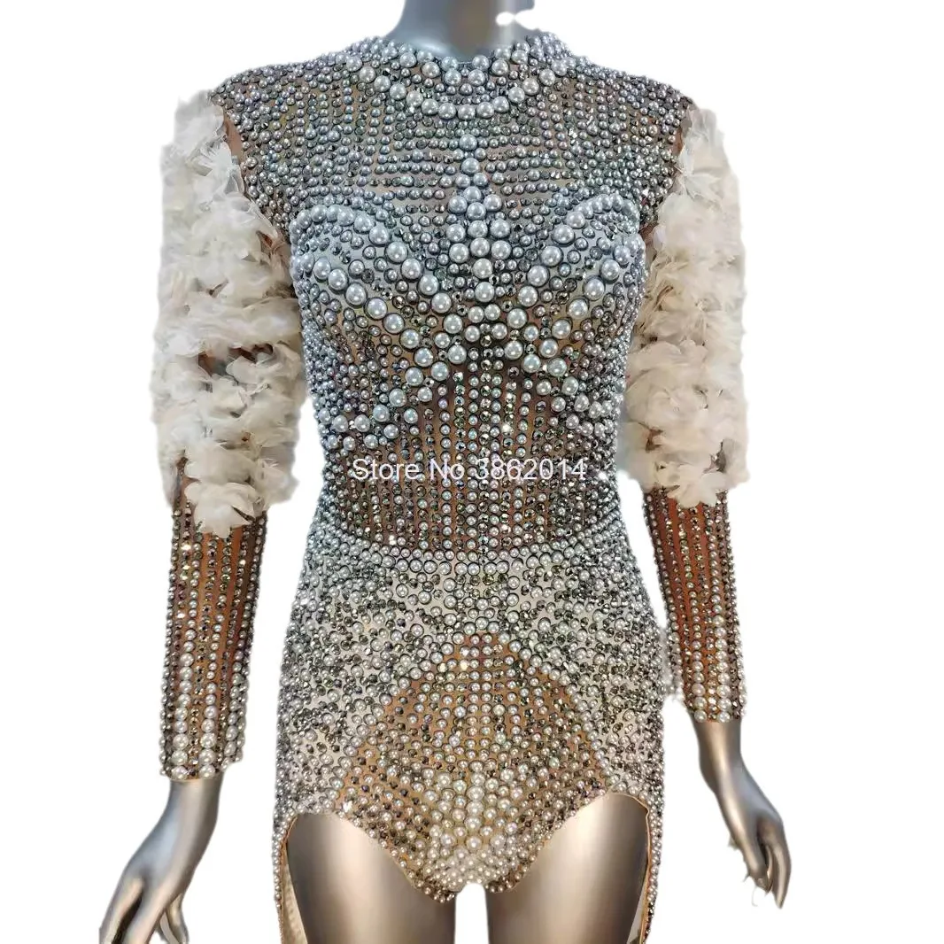 

DJ Stretch Tight Diamond Pearl Onesie Gogo Adult Performance Costume Female Sexy Vestidos De Fiesta Elegantes Robes Bal De Promo