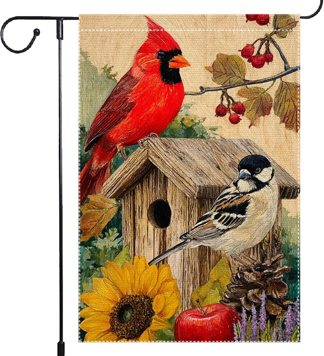 Fall Cardinal Bird Garden Flag 12x18 Vertical Double Sided Sunflowers Red fruit Autumn Anniversary Holiday Holiday Outside D GGO