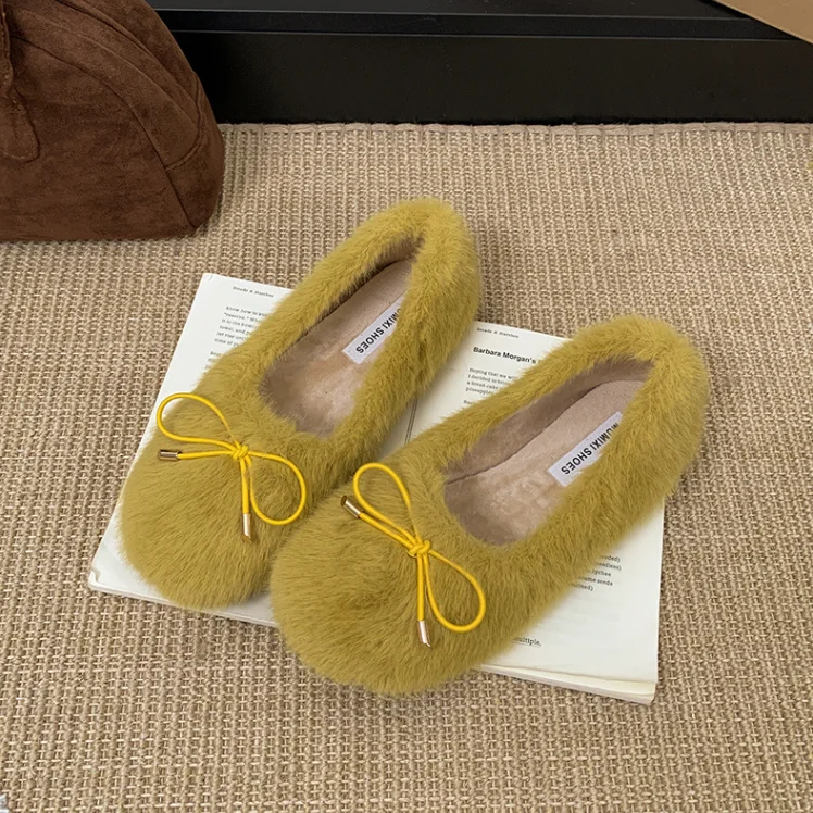 

2025 Women's Furry Flat Shoes Fashion Cotton Fur Lined Loafers Autumn/Winter Slip-on Round Toe Shallow Mouth Soft-Soled Shoes