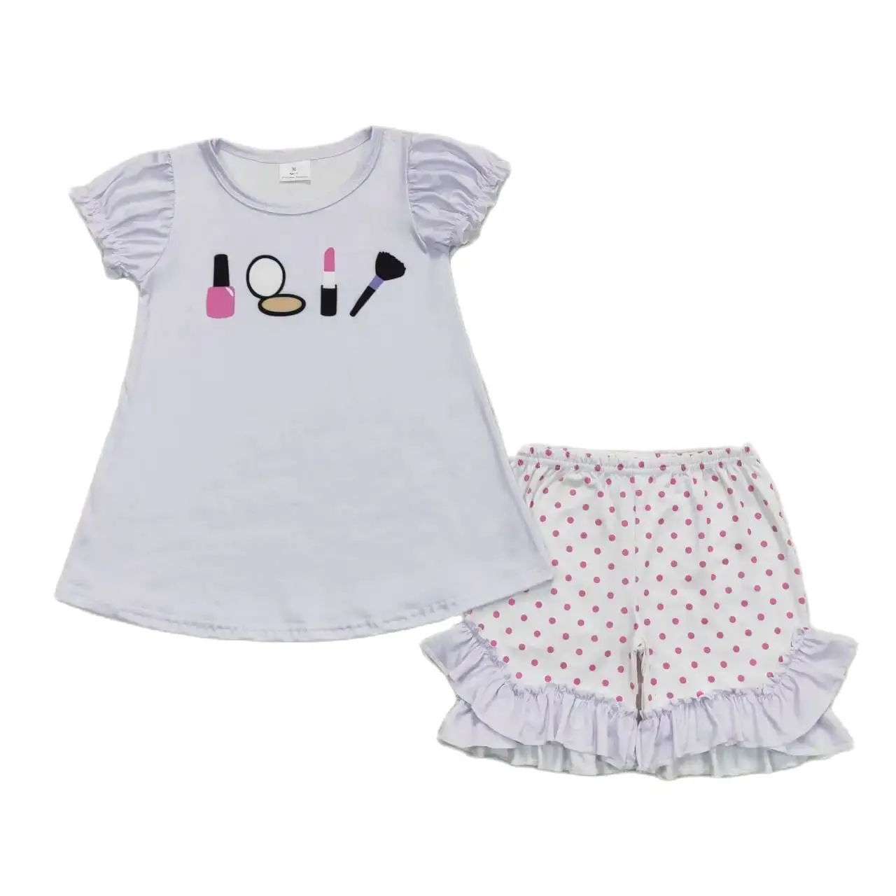 

GSSO0862 Kids Girls Summer Outfit Sets Short Sleeves Top Mirror Lipstick Purple Print With Shorts Children Clothes