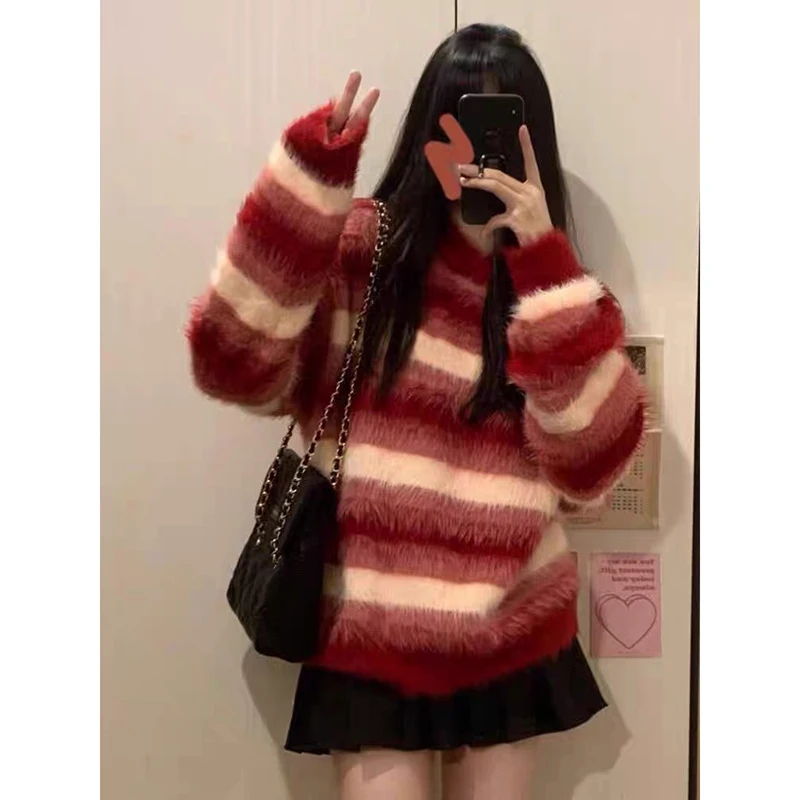 YIBASHU Women's Red Striped Pullover O-Neck Sweater Vintage 2000s Jumper Knit Long Sleeves Cashmere Sweater Autumn Winter 2025
