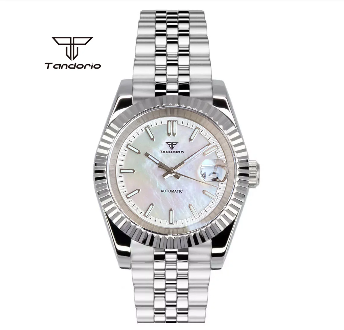 Tandorio 39mm Mechanical NH35 Mother of Pearl Dial Face Stainless Steel Automatic Watch Date Sapphire Men\'s Wristwatch Luminous